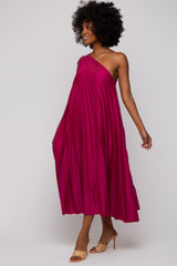 Magenta Satin Pleated One Shoulder Midi Dress