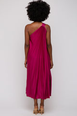 Magenta Satin Pleated One Shoulder Midi Dress