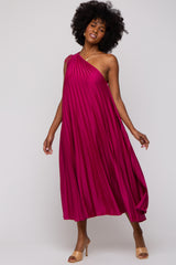 Magenta Satin Pleated One Shoulder Midi Dress