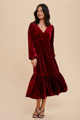 Burgundy V-Neck Ruffle Hem Velvet Maternity Midi Dress