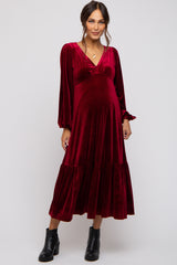 Burgundy V-Neck Ruffle Hem Velvet Maternity Midi Dress