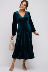 Emerald Green V-Neck Ruffle Hem Velvet Maternity Midi Dress