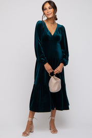 Emerald Green V-Neck Ruffle Hem Velvet Maternity Midi Dress