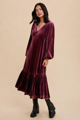 Magenta V-Neck Ruffle Hem Velvet Midi Dress