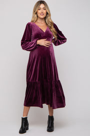 Magenta V-Neck Ruffle Hem Velvet Maternity Midi Dress