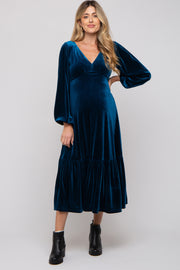 Dark Teal V-Neck Ruffle Hem Velvet Maternity Midi Dress