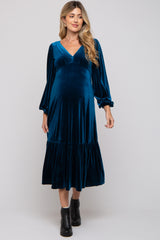 Dark Teal V-Neck Ruffle Hem Velvet Maternity Midi Dress