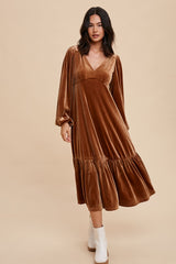 Camel V-Neck Ruffle Hem Velvet Midi Dress