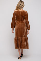 Camel V-Neck Ruffle Hem Velvet Maternity Midi Dress