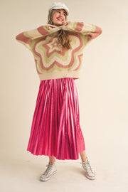 Pink Metallic Pleated Midi Skirt