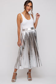 Silver Metallic Pleated Maternity Midi Skirt