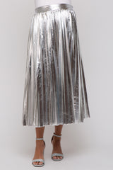 Silver Metallic Pleated Maternity Midi Skirt