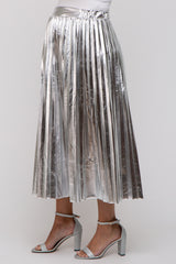 Silver Metallic Pleated Maternity Midi Skirt