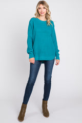 Teal Waffle Knit Round Hem Sweater