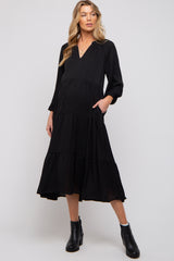 Black Textured Tiered Maternity Midi Dress