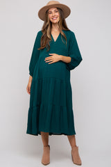 Forest Green Textured Tiered Maternity Midi Dress