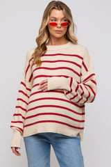 Beige Striped Long Sleeve Knit Maternity Sweater