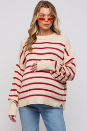 Beige Striped Long Sleeve Knit Maternity Sweater