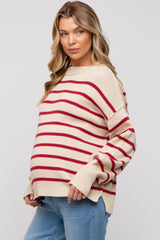 Beige Striped Long Sleeve Knit Maternity Sweater