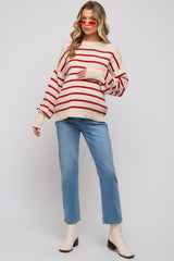 Beige Striped Long Sleeve Knit Maternity Sweater