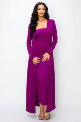 Magenta Ribbed Sleeveless Dress Cardigan Set