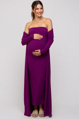 Magenta Ribbed Sleeveless Dress Cardigan Maternity Set