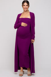 Magenta Ribbed Sleeveless Dress Cardigan Maternity Set