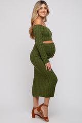 Olive Cable Knit Off Shoulder Maternity Midi Skirt Set