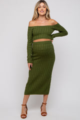 Olive Cable Knit Off Shoulder Maternity Midi Skirt Set