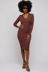 Brown Ribbed Knit Fitted Dress