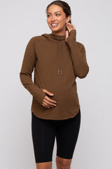 Brown Hooded Long Sleeve Maternity Active Top