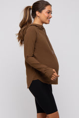 Brown Hooded Long Sleeve Maternity Active Top