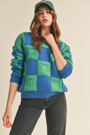 Blue Green Textured Checkered Sweater Pullover