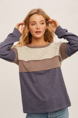 Oatmeal Brown Navy Color Block Soft Sweatshirt