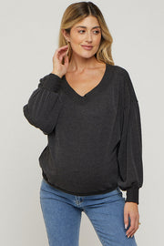 Black Ribbed V-Neck Cropped Maternity Sweater