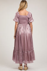 Mauve Satin Square Neck Short Puff Sleeve Maternity Maxi Dress