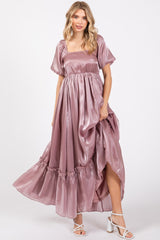 Mauve Satin Square Neck Short Puff Sleeve Maternity Maxi Dress