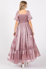 Mauve Satin Square Neck Short Puff Sleeve Maxi Dress