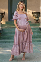 Mauve Satin Square Neck Short Puff Sleeve Maternity Maxi Dress