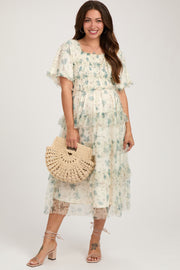 Cream Floral Tulle Smocked Ruffle Tiered Maternity Midi Dress