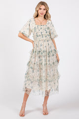 Cream Floral Tulle Smocked Ruffle Tiered Maternity Midi Dress