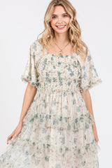 Cream Floral Tulle Smocked Ruffle Tiered Midi Dress