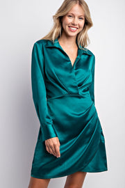 Hunter Green Ruched Wrap Mini Satin Mini Dress