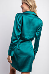 Hunter Green Ruched Wrap Mini Satin Mini Dress