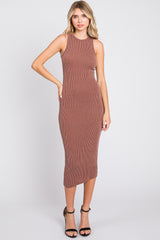 Mocha Ribbed Fitted Midi Dress