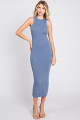 Blue Ribbed Maternity Fitted Midi Dress