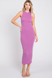 Magenta Ribbed Fitted Midi Dress