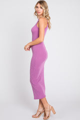 Magenta Ribbed Fitted Midi Dress