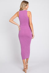 Magenta Ribbed Fitted Midi Dress