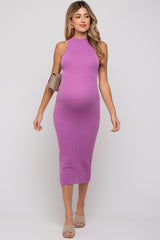 Magenta Ribbed Maternity Fitted Midi Dress